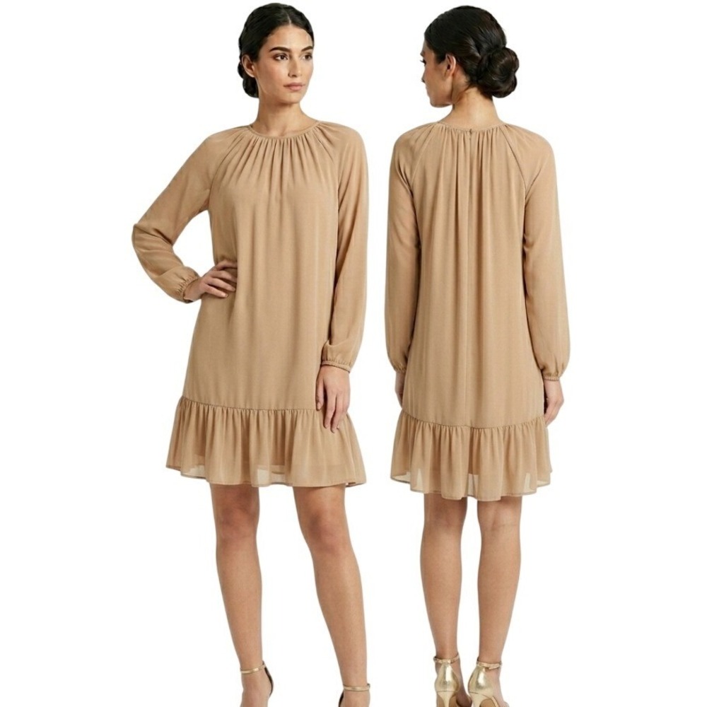Abercrombie & Fitch Mini Dress Womens Large Tan Ruffle Hem Long Sleeve 159D3045